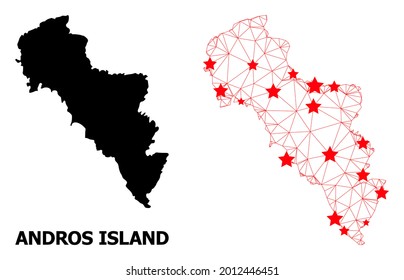 Wire frame polygonal and solid map of Greece - Andros Island. Vector structure is created from map of Greece - Andros Island with red stars.