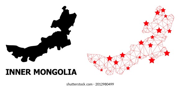 Wire frame polygonal and solid map of Inner Mongolia. Vector model is created from map of Inner Mongolia with red stars. Abstract lines and stars are combined into map of Inner Mongolia.
