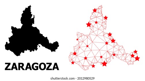 Wire frame polygonal and solid map of Zaragoza Province. Vector structure is created from map of Zaragoza Province with red stars. Abstract lines and stars form map of Zaragoza Province.