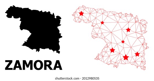 Wire frame polygonal and solid map of Zamora Province. Vector model is created from map of Zamora Province with red stars. Abstract lines and stars form map of Zamora Province.