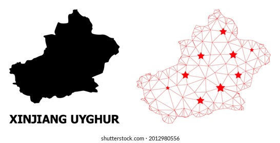 Wire frame polygonal and solid map of Xinjiang Uyghur Region. Vector model is created from map of Xinjiang Uyghur Region with red stars. Abstract lines and stars form map of Xinjiang Uyghur Region.