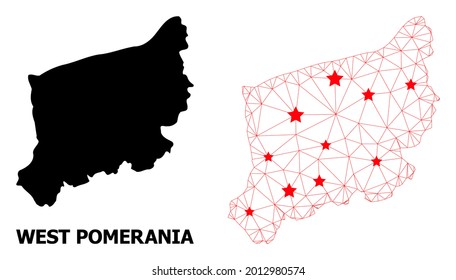 Wire frame polygonal and solid map of West Pomerania Province. Vector model is created from map of West Pomerania Province with red stars.