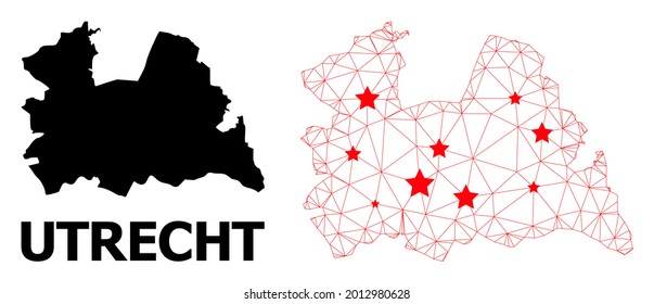 Wire frame polygonal and solid map of Utrecht Province. Vector model is created from map of Utrecht Province with red stars. Abstract lines and stars form map of Utrecht Province.