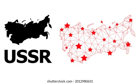 Wire frame polygonal and solid map of USSR. Vector structure is created from map of USSR with red stars. Abstract lines and stars are combined into map of USSR.