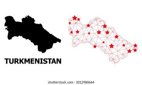 Wire frame polygonal and solid map of Turkmenistan. Vector structure is created from map of Turkmenistan with red stars. Abstract lines and stars form map of Turkmenistan.