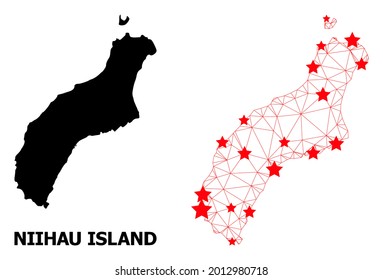 Wire frame polygonal and solid map of Niihau Island. Vector structure is created from map of Niihau Island with red stars. Abstract lines and stars are combined into map of Niihau Island.