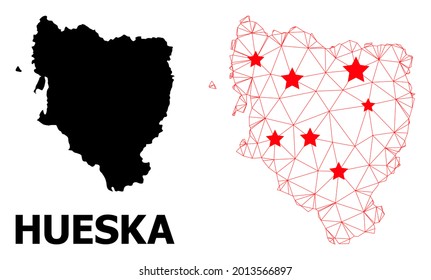 Wire frame polygonal and solid map of Hueska Province. Vector model is created from map of Hueska Province with red stars. Abstract lines and stars are combined into map of Hueska Province.