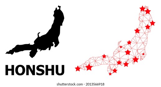 Wire frame polygonal and solid map of Honshu Island. Vector structure is created from map of Honshu Island with red stars. Abstract lines and stars form map of Honshu Island.