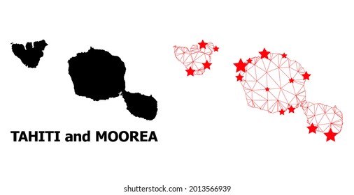 Wire frame polygonal and solid map of Tahiti and Moorea islands. Vector structure is created from map of Tahiti and Moorea islands with red stars.