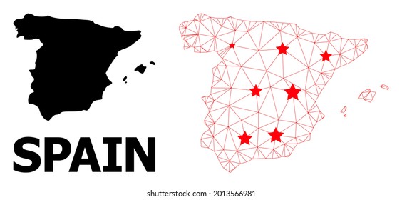 Wire frame polygonal and solid map of Spain. Vector structure is created from map of Spain with red stars. Abstract lines and stars form map of Spain.