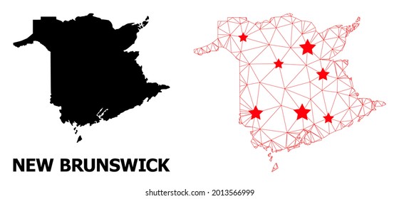 Wire frame polygonal and solid map of New Brunswick Province. Vector structure is created from map of New Brunswick Province with red stars.