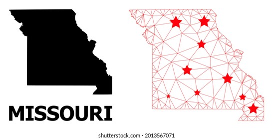 Wire frame polygonal and solid map of Missouri State. Vector model is created from map of Missouri State with red stars. Abstract lines and stars form map of Missouri State.