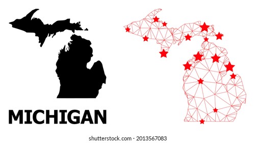 Wire frame polygonal and solid map of Michigan State. Vector model is created from map of Michigan State with red stars. Abstract lines and stars are combined into map of Michigan State.