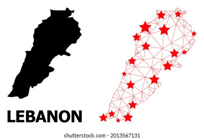 Wire frame polygonal and solid map of Lebanon. Vector structure is created from map of Lebanon with red stars. Abstract lines and stars are combined into map of Lebanon.