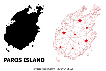 Wire frame polygonal and solid map of Paros Island. Vector structure is created from map of Paros Island with red stars. Abstract lines and stars are combined into map of Paros Island.