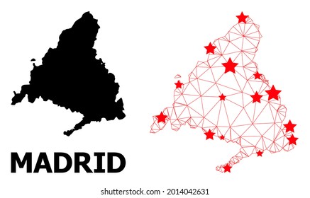 Wire frame polygonal and solid map of Madrid Province. Vector structure is created from map of Madrid Province with red stars. Abstract lines and stars form map of Madrid Province.
