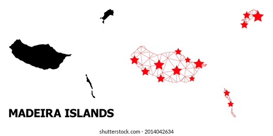 Wire frame polygonal and solid map of Madeira Islands. Vector structure is created from map of Madeira Islands with red stars. Abstract lines and stars are combined into map of Madeira Islands.