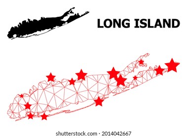 Wire frame polygonal and solid map of Long Island. Vector model is created from map of Long Island with red stars. Abstract lines and stars form map of Long Island.
