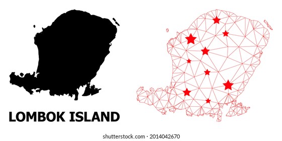 Wire frame polygonal and solid map of Lombok Island. Vector structure is created from map of Lombok Island with red stars. Abstract lines and stars are combined into map of Lombok Island.