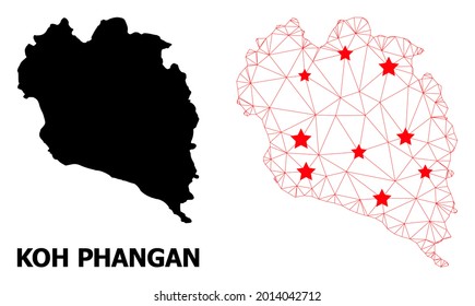 Wire frame polygonal and solid map of Koh Phangan. Vector structure is created from map of Koh Phangan with red stars. Abstract lines and stars are combined into map of Koh Phangan.