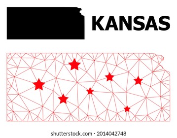 Wire frame polygonal and solid map of Kansas State. Vector structure is created from map of Kansas State with red stars. Abstract lines and stars are combined into map of Kansas State.