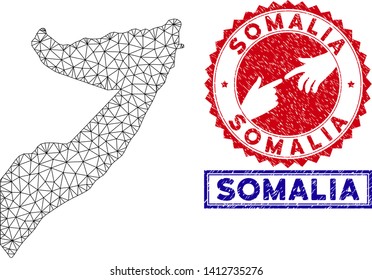 Wire frame polygonal Somalia map and grunge seal stamps. Abstract lines and circle dots form Somalia map vector model. Round red stamp with connecting hands.