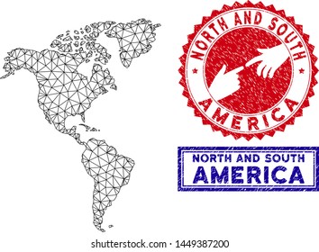 Wire frame polygonal South and North America map and grunge seal stamps. Abstract lines and small circles form South and North America map vector model. Round red stamp with connecting hands.