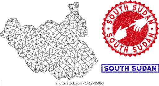 Wire frame polygonal South Sudan map and grunge seal stamps. Abstract lines and spheric points form South Sudan map vector model. Round red stamp with connecting hands.