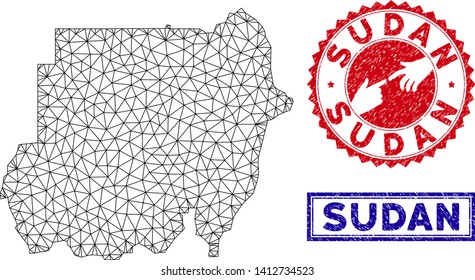 Wire frame polygonal Sudan map and grunge seal stamps. Abstract lines and small circles form Sudan map vector model. Round red stamp with connecting hands.