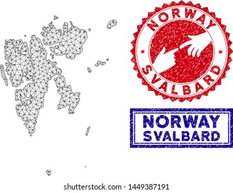 Wire frame polygonal Svalbard Island map and grunge seal stamps. Abstract lines and circle dots form Svalbard Island map vector model. Round red stamp with connecting hands.