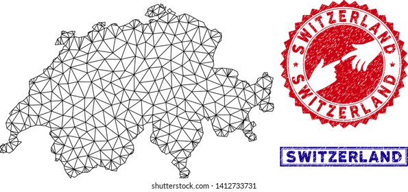 Wire frame polygonal Switzerland map and grunge seal stamps. Abstract lines and points form Switzerland map vector model. Round red stamp with connecting hands.