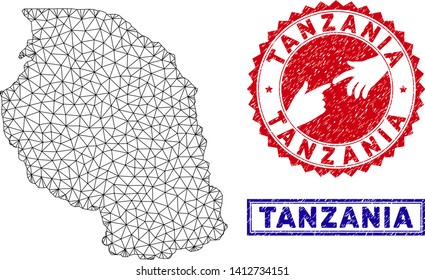 Wire frame polygonal Tanzania map and grunge seal stamps. Abstract lines and small circles form Tanzania map vector model. Round red stamp with connecting hands.