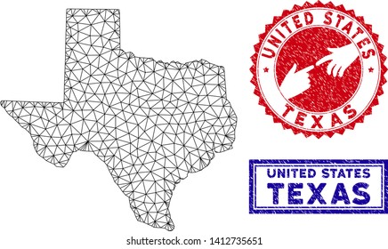 Wire frame polygonal Texas map and grunge seal stamps. Abstract lines and points form Texas map vector model. Round red stamp with connecting hands.