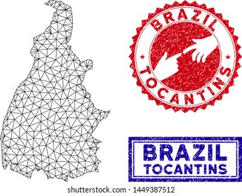 Wire frame polygonal Tocantins State map and grunge seal stamps. Abstract lines and small circles form Tocantins State map vector model. Round red stamp with connecting hands.