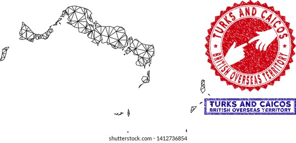 Wire frame polygonal Turks and Caicos Islands map and grunge seal stamps. Abstract lines and points form Turks and Caicos Islands map vector model. Round red stamp with connecting hands.