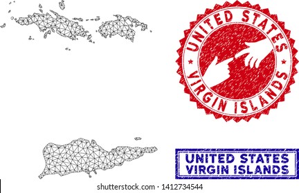 Wire frame polygonal USA Virgin Islands map and grunge seal stamps. Abstract lines and spheric points form USA Virgin Islands map vector model. Round red stamp with connecting hands.