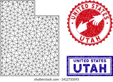 Wire frame polygonal Utah State map and grunge seal stamps. Abstract lines and circle dots form Utah State map vector model. Round red stamp with connecting hands.