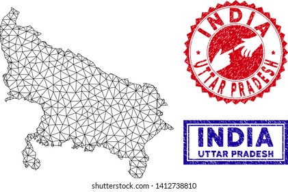 Wire frame polygonal Uttar Pradesh State map and grunge seal stamps. Abstract lines and dots form Uttar Pradesh State map vector model. Round red stamp with connecting hands.