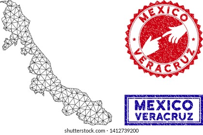 Wire frame polygonal Veracruz State map and grunge seal stamps. Abstract lines and small circles form Veracruz State map vector model. Round red stamp with connecting hands.
