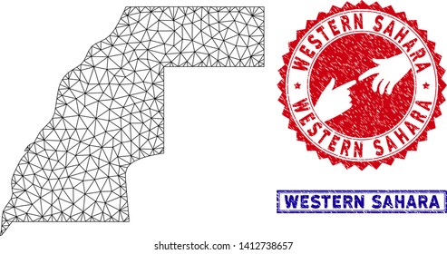Wire frame polygonal Western Sahara map and grunge seal stamps. Abstract lines and spheric points form Western Sahara map vector model. Round red stamp with connecting hands.
