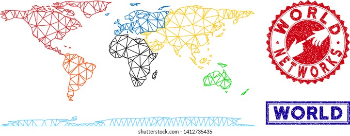 Wire frame polygonal world continent map and grunge seal stamps. Abstract lines and circle dots form world continent map vector model. Round red stamp with connecting hands.