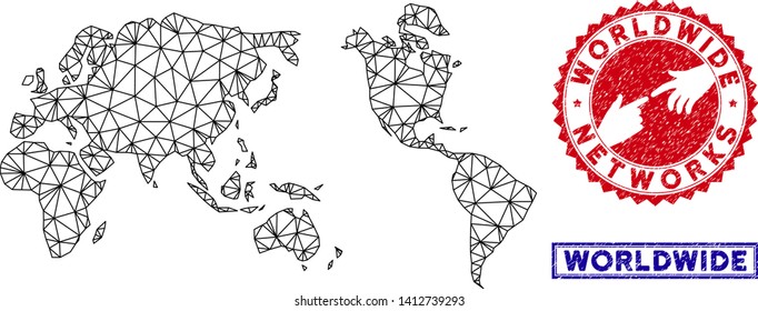Wire frame polygonal worldwide map and grunge seal stamps. Abstract lines and spheric points form worldwide map vector model. Round red stamp with connecting hands.