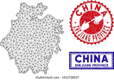 Wire frame polygonal Zhejiang Province map and grunge seal stamps. Abstract lines and spheric points form Zhejiang Province map vector model. Round red stamp with connecting hands.