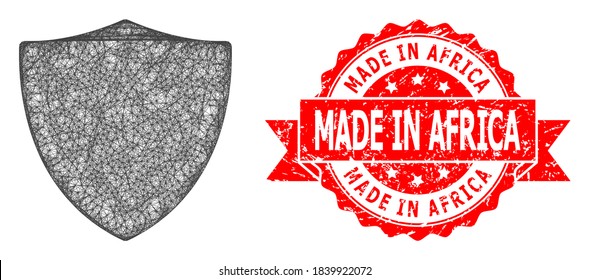 Wire frame protection shield icon, and Made in Africa unclean ribbon seal print. Red seal includes Made in Africa tag inside ribbon.Geometric wire frame 2D net based on protection shield icon,