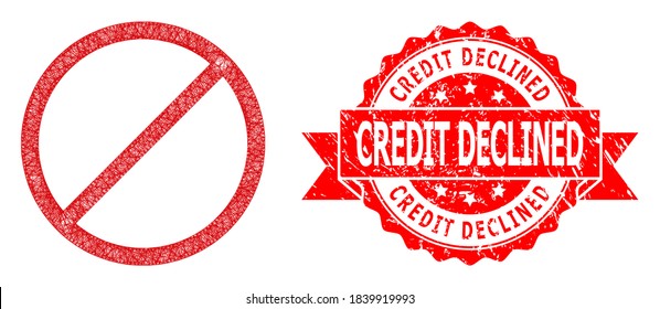 Wire frame restrict icon, and Credit Declined textured ribbon seal imitation. Red stamp seal has Credit Declined text inside ribbon.Geometric wire carcass flat net based on restrict icon,