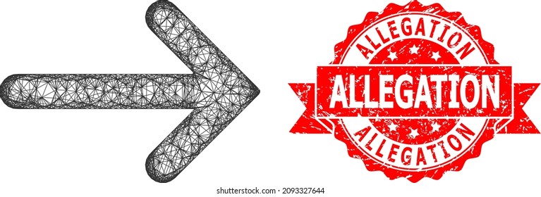 Wire frame right arrow icon, and Allegation scratched ribbon stamp seal. Red stamp seal contains Allegation caption inside ribbon.Geometric wire carcass flat network based on right arrow icon,
