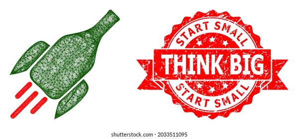 Icono de botella de vino del cohete del marco del alambre y imitación del sello de goma de Start Small Think Big. El sello rojo tiene el título Start Small Think Big dentro de la cinta.