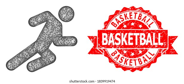 Wire frame running man icon, and Basketball dirty ribbon seal imitation. Red stamp seal contains Basketball title inside ribbon.Geometric wire frame 2D net based on running man icon,