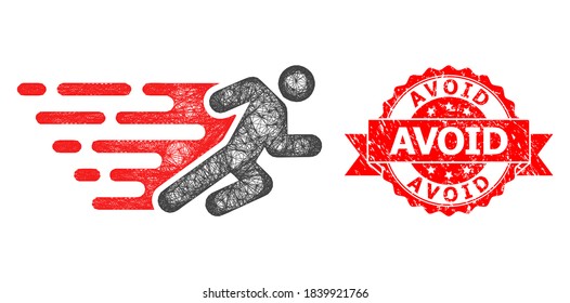 Wire frame running man icon, and Avoid rubber ribbon seal imitation. Red stamp seal includes Avoid caption inside ribbon.Geometric wire frame flat net based on running man icon,