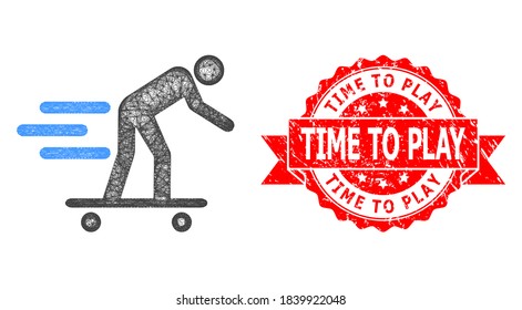 Wire frame scate roller man icon, and Time to Play scratched ribbon seal. Red stamp includes Time to Play caption inside ribbon.Geometric wire frame flat net based on scate roller man icon,